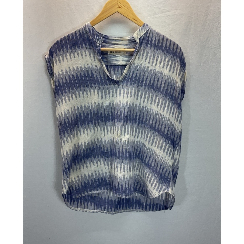 SBJ Austin Womens Sz‎ M(2) Geometric Blue V Neck sleeveless top Beach Summer